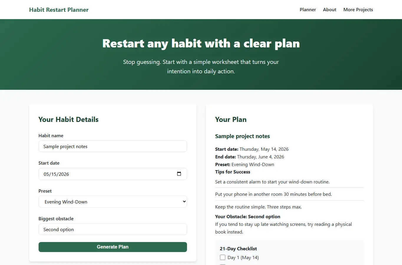 Screenshot of Habit Restart Planner interface showing the project page in use
